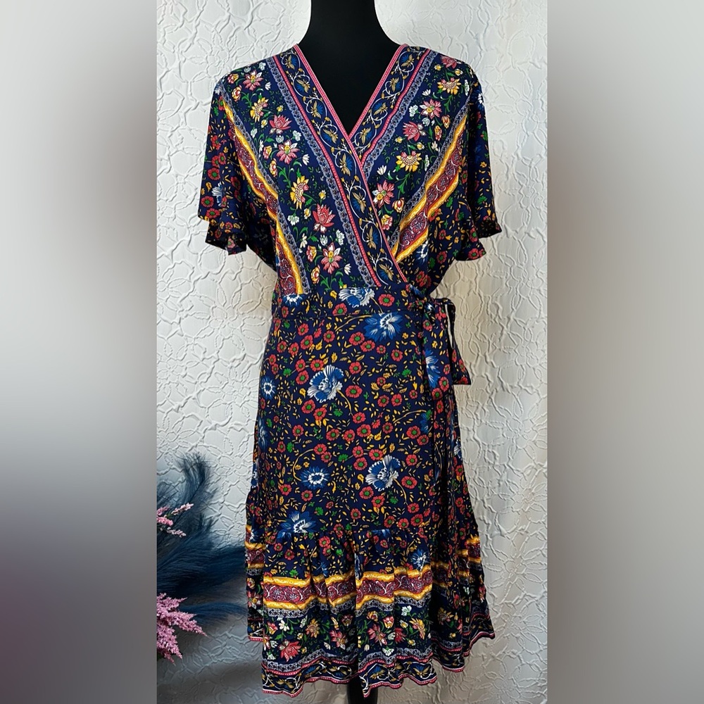 Zesica-Floral Wrap Dress with Ruffle Sleeves (XL)